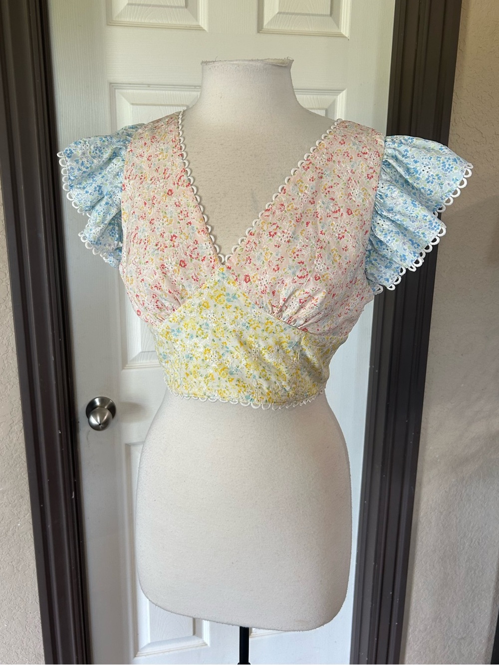 Collective Patchwork Floral Cottagecore Ruffle Sleeve Embroidered Crop Top